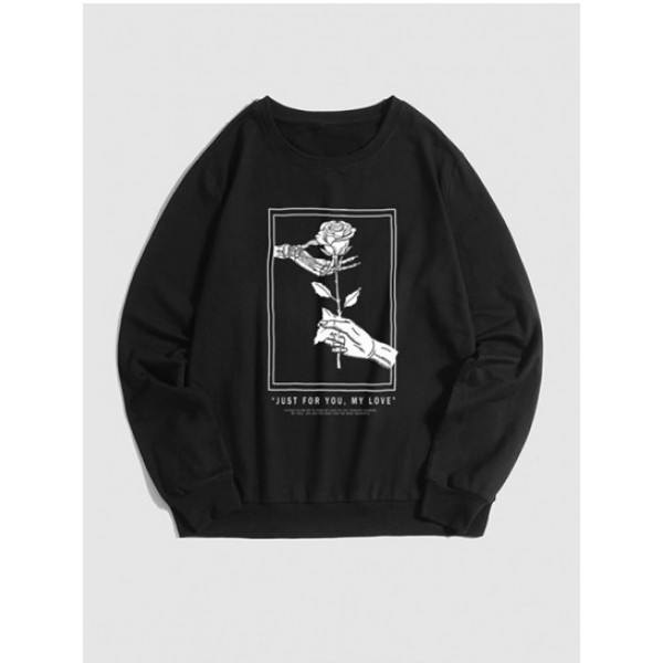 Halloween Skeleton Hand Holding Rose And Letter Printed Sweatshirt And Sweatpants Set