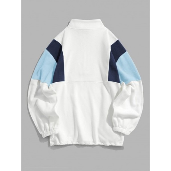 Polar Fleece Letter Embroidery Colorblock Half Zip Sweatshirt And Sweatpants Set Outfit