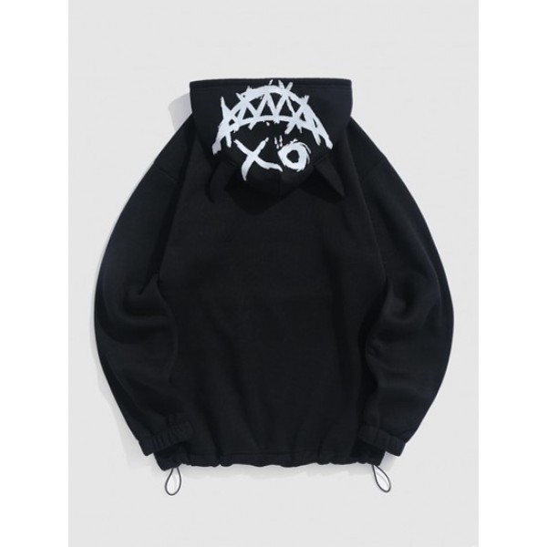 Little Devil Letter Graphic Pattern Fleece-lined Hoodie And Drawstring Techwear Cargo Pants Set