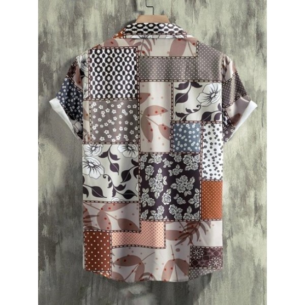 Floral Leaves Printed Patchwork Short Sleeve Button Up Shirt With Basic Casual Shorts Set