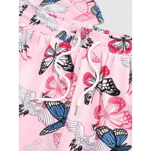 Flying Crane Butterfly Print Kimono Cardigan Shirt And Shorts Set