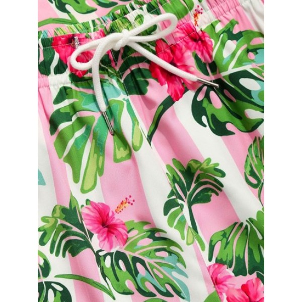 Contrast Stripe Tropical Flower Leaf Vacation Shirt And Shorts Two Pieces Set