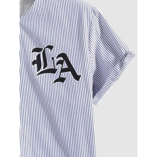 Striped Letter Baseball Shirt With Beach Shorts Two Piece Set