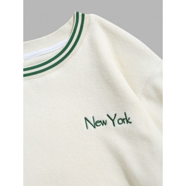 Striped Trim Fleece New York Embroidered Sweatshirt And Drawstring Cargo Pants Set