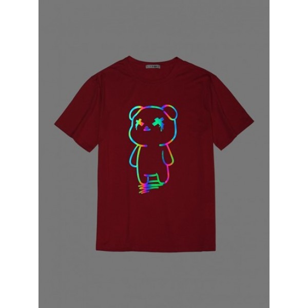 Luminous Bear Printed T-shirt And Solid Color Sweat Shorts Set