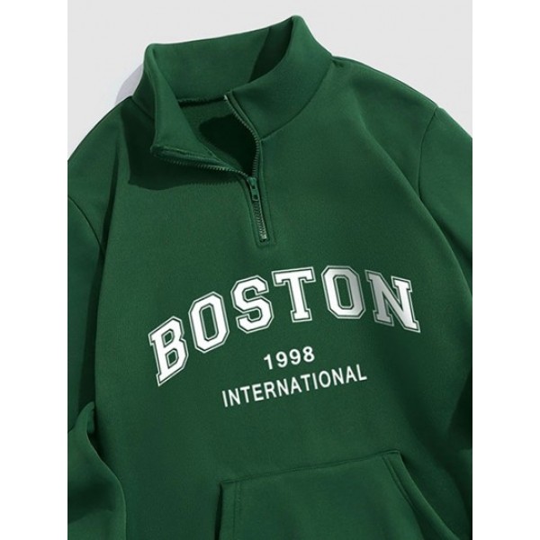 BOSTON Letter Pattern Quarter Zip Design Fleece-lined Sweatshirt And Jogger Sweatpants Set