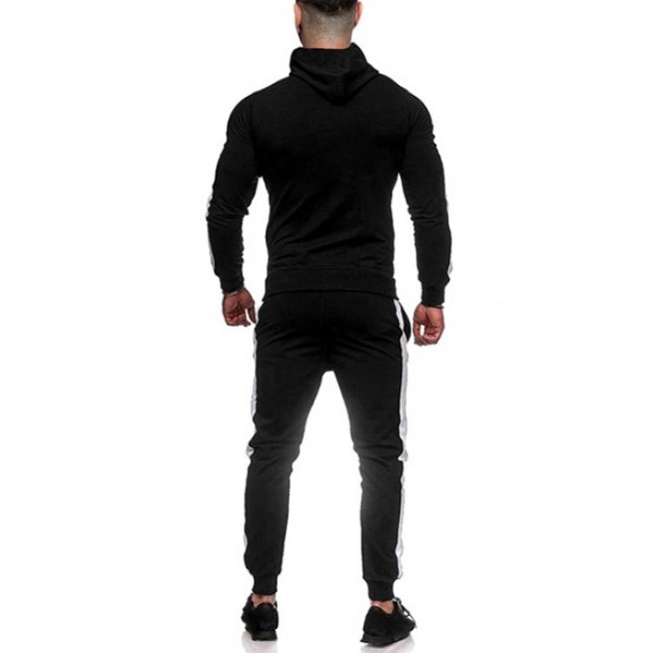 Color Spliced Zip Fly Sports Hooded Jacket And Drawsting Sweatpants Set Outfit