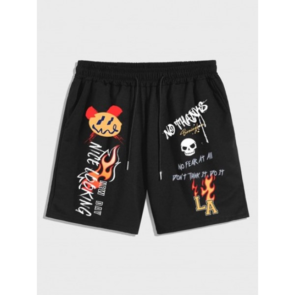 Cotton Heart Drippy Smile Face T Shirt And Slogan Skull Flame Graphic Pattern Sweat Shorts Set