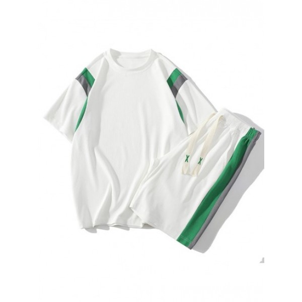 Colorblock Textured Short Sleeves T-shirt And Shorts Athletic Set