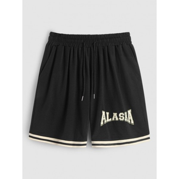 Men's Preppy Casual Rib Collar ALASKA IS THE LAST FRONTIER Letter Eagle Graphic Short Sleeves T Shirt With Drawstring Shorts Set