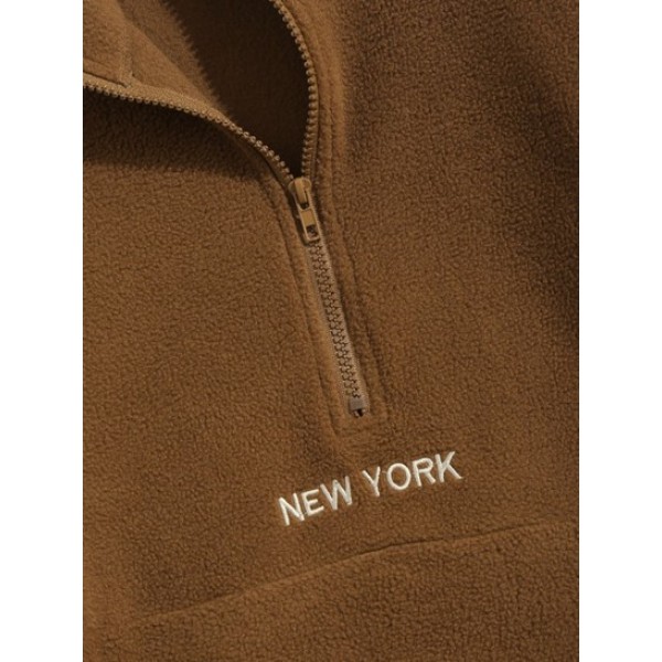 Fluffy Polar Fleece NEW YORK Embroidery Colorblock Half Zip Sweatshirt With Pockets Cargo Pants Set