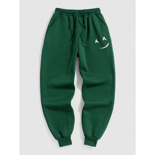 Smile Face Graphic Printed Thermal Fleece Lined Jogger Pants Set