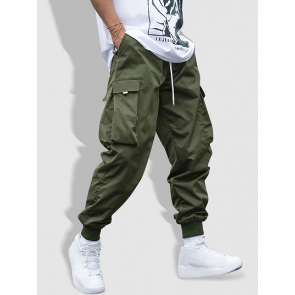 Plaid Pattern Double Pockets Wool Blend Shacket With Drawstring Techwear Cargo Pants Set